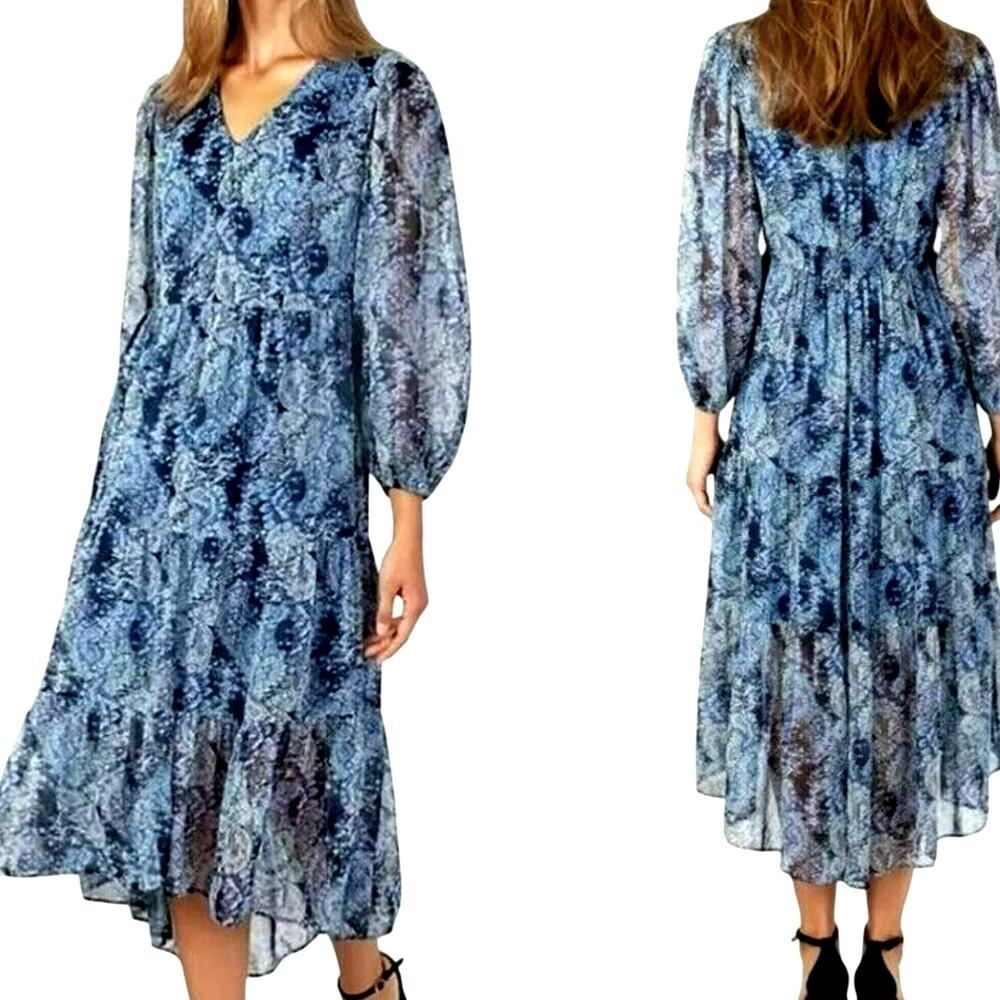 JOIE Women's XXL Blue Parisian Paisley Long Sleeve Chiffon Tiered Midi Dress